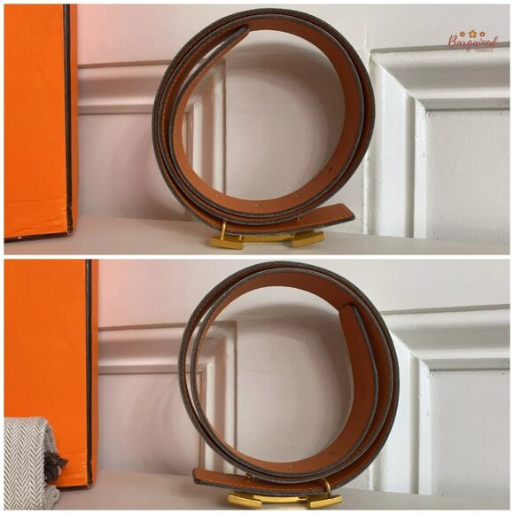 Authentic HERMES 32mm White/Orange Leather H Gold Reversible Buckle Belt 75/30 main image 12